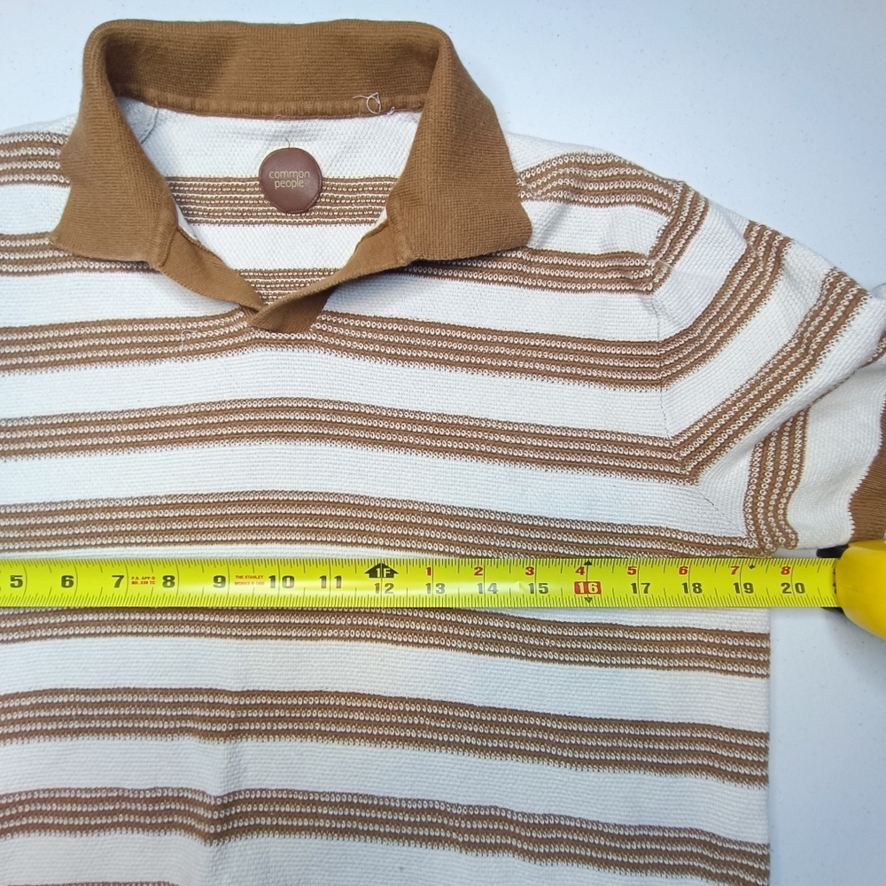 Common People Fry Knitted Polo Shirt Tan Brown Stripe Size S Cotton Preppy - Picture 7 of 9
